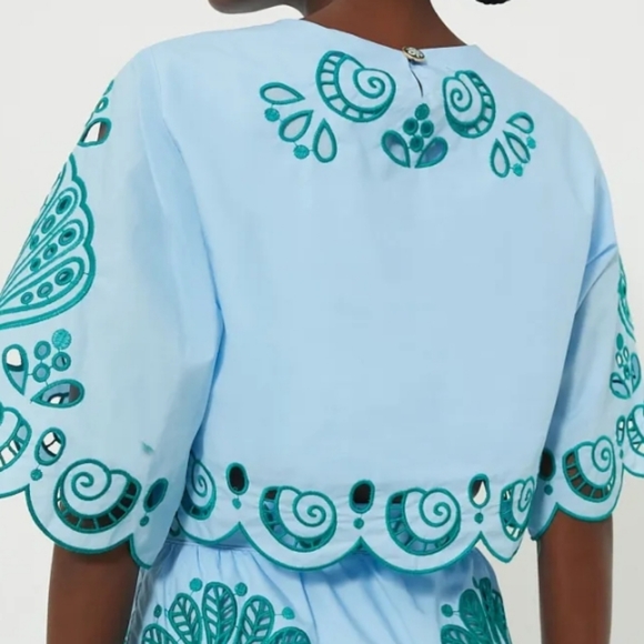 Farm Rio Richelieu Light Blue And Green Cropped Scalloped Hem Top Size XL Cotton - Picture 4 of 15